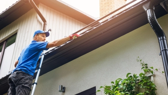 Ein Mann reinigt die Dachrinne eines Familienhauses